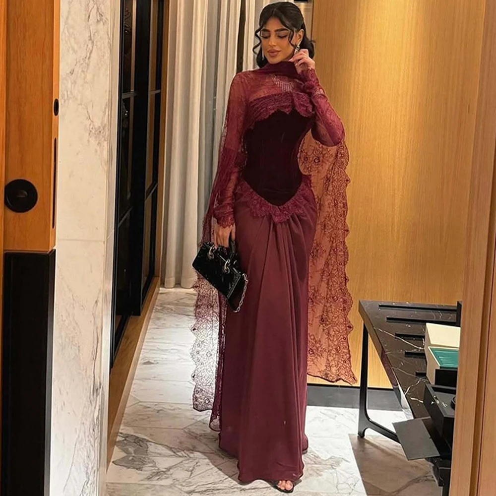 

Burgundy Chiffon and Velour Evening Dress Strapless Detachable Sleeve Customized Homecoming Dress Lace Special Occasion Gowns
