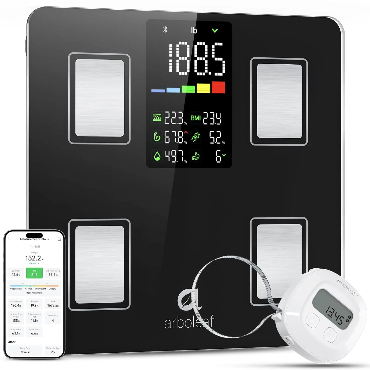 

Smart Body Fat Scale with Tape Measure, Digital Bluetooth Weight Machine, App Sync for Fitness Tracking, 400lbs Capacity
