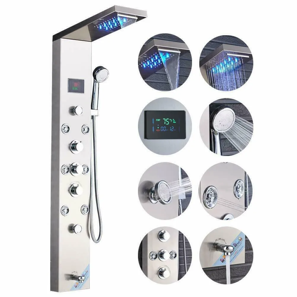 Stainless Steel Shower Panel Tower System With Waterfall Body Massage Jet Faucet