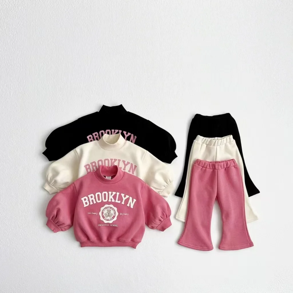 Korean version autumn and winter new style baby girl and toddler standing collar letter hoodie bell bottom pants casual set