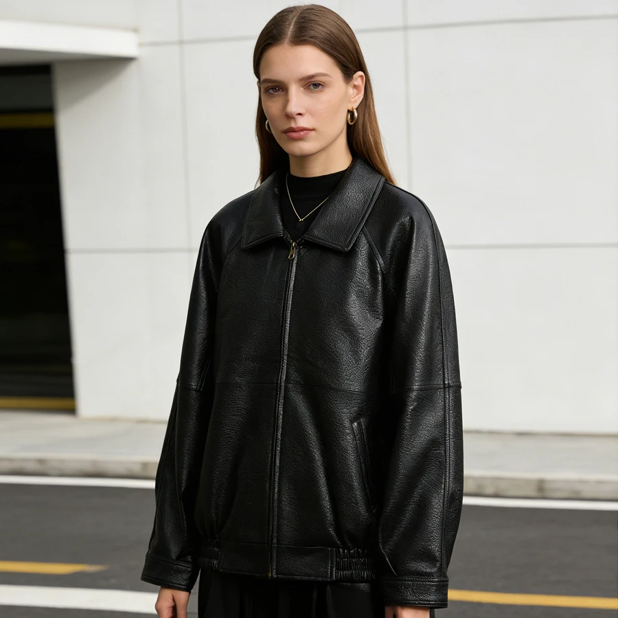 

Leather Bomber Jacket In Black Genuine Leather Jacket With Zipper Luxury Spring Jacket