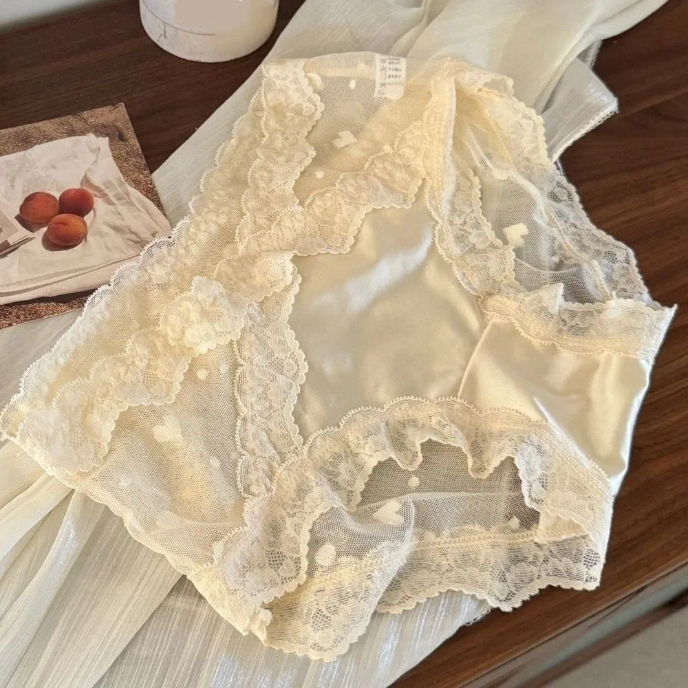 Sweet Satin Silk Lace Flower Panties Transparent Low Waist French Style Briefs Love Heart Women Underwear Spring Summer
