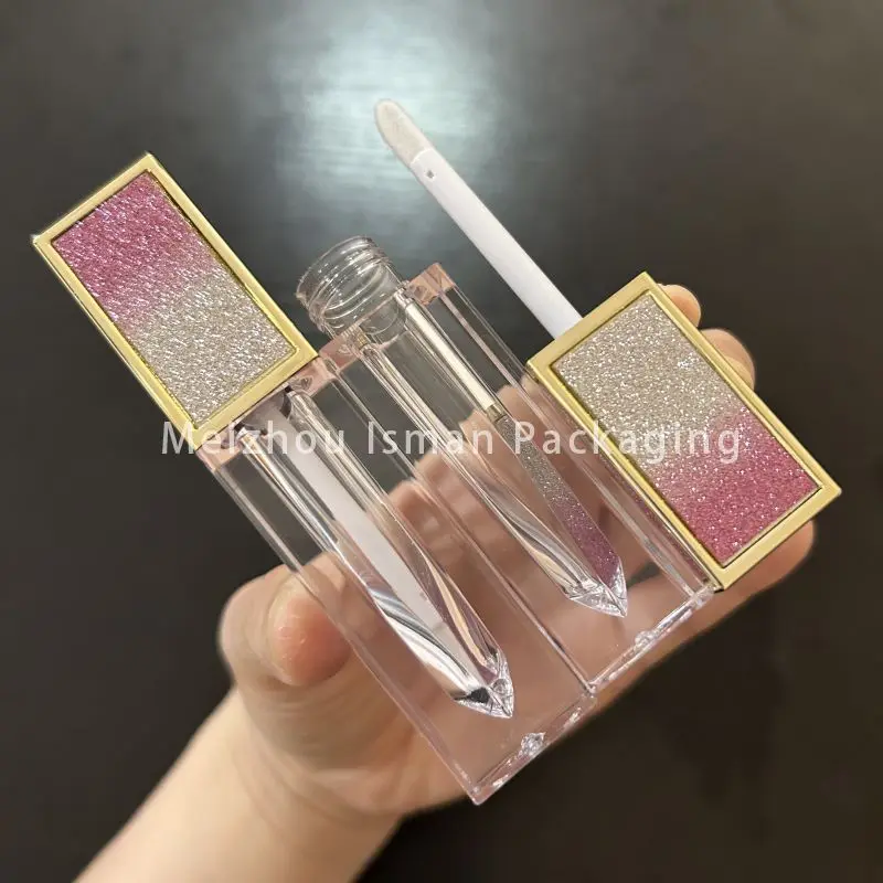 40Pcs luxury square rose gold rhinestone lipgloss containers glitter lip gloss empty tubes with wands brush 5ml