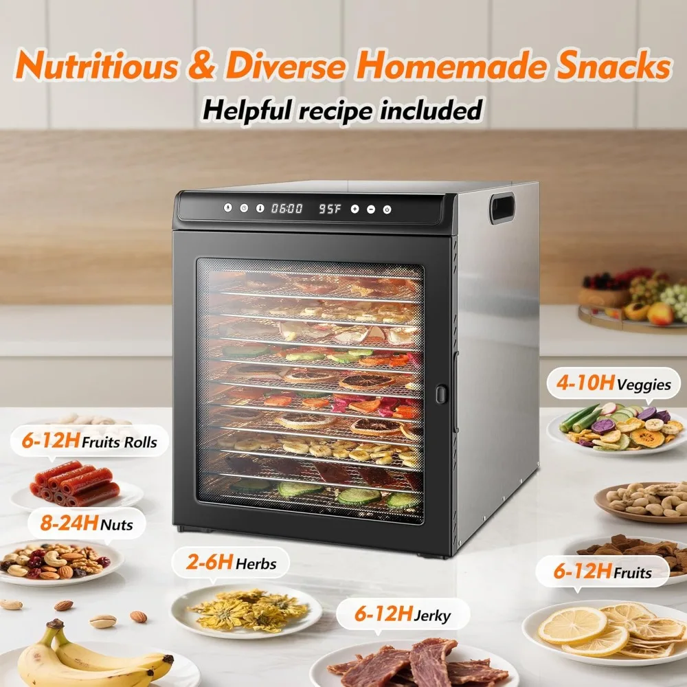 เครื่องอบแห้งอาหารสแตนเลส 12 ชั้น - ความจุขนาดใหญ่ 12.6 ตารางฟุต สำหรับอาหารและเนื้อแห้ง, เครื่องอบผลไม้ 1300 วัตต์