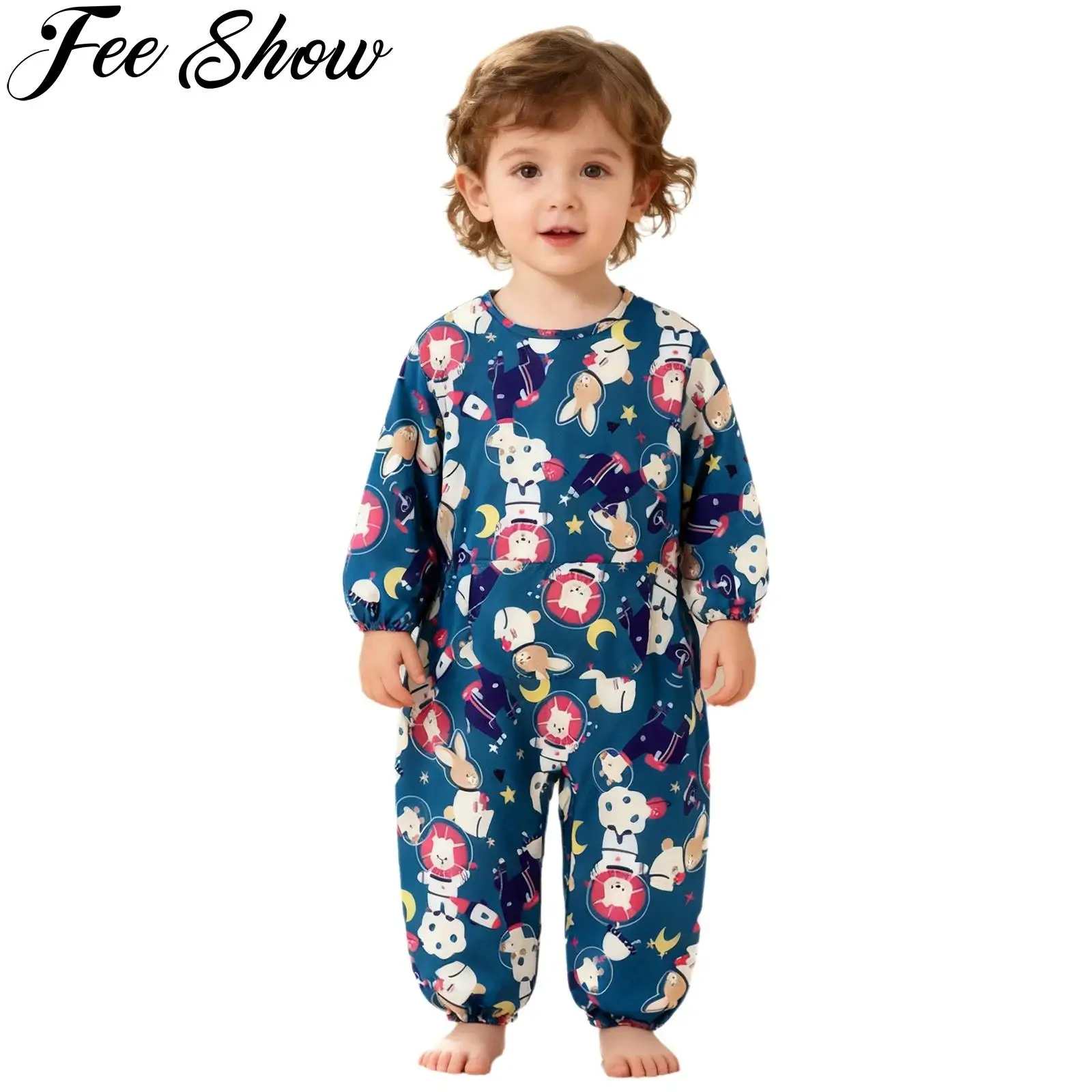 

Baby Girls Boys Artist Painting Smock Romper Cartoon Animal Printed Long Sleeve Zipper Dustproof Drawing Jumpsuit with Pocket