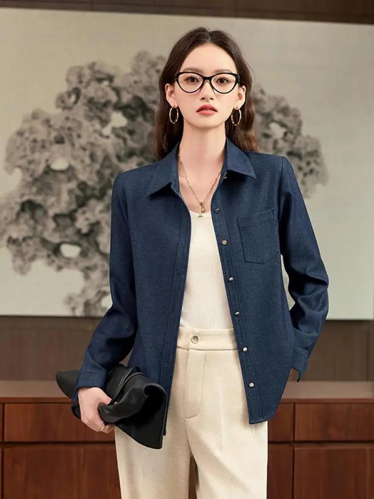 

Korean Style Autumn Blue Red Slim Temperament Shirt Women Brown Turn Down Collar Long Sleeve Single Breasted Blouse Tops Popular