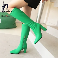 PU Leather Knee-High Boots Women Pointy Toe Elastic Club Party Heels Booties 2024 Autumn Winter Shoes For Lady Purple Long Boots