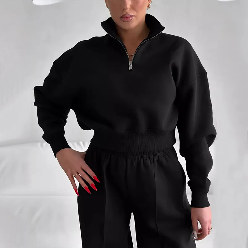 2024 New American Women's Casual Fashion Set Long Sleeved Zipper Collar Sweater Sports Pants Two Piece Set