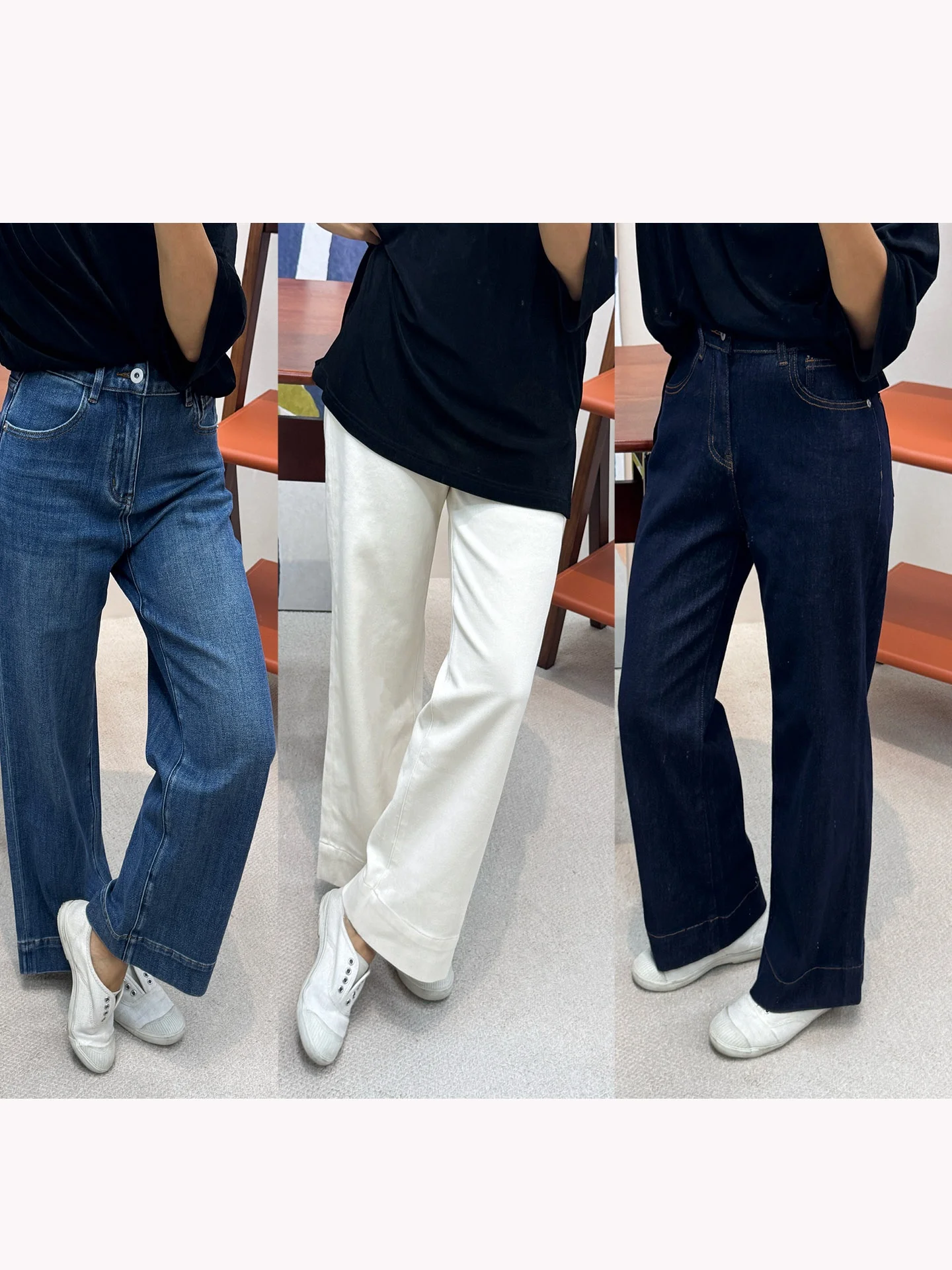 

Классические удобные эластичные практичные джинсы для женщин, прямого кроя, со средней посадкой, из хлопкового денима.