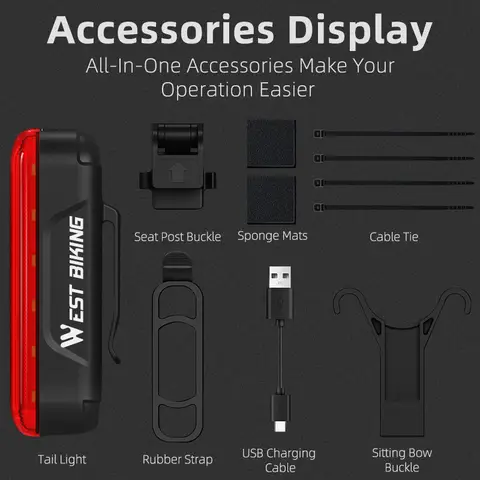 WEST BIKING Cykelbaklykta Laserbromsavkännande baklykta IPX5 Vattentät USB-laddningsbar cykellykta MTB Landsvägscykeltillbehör 10 best sales cykellaser - №5