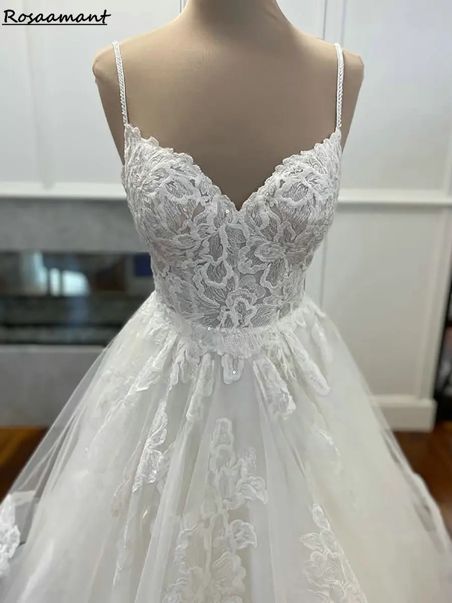 Gaun Pengantin A-Line Ruffle Tali Spaghetti 2025 Gaun Pengantin Pedesaan Renda Applique Tanpa Lengan