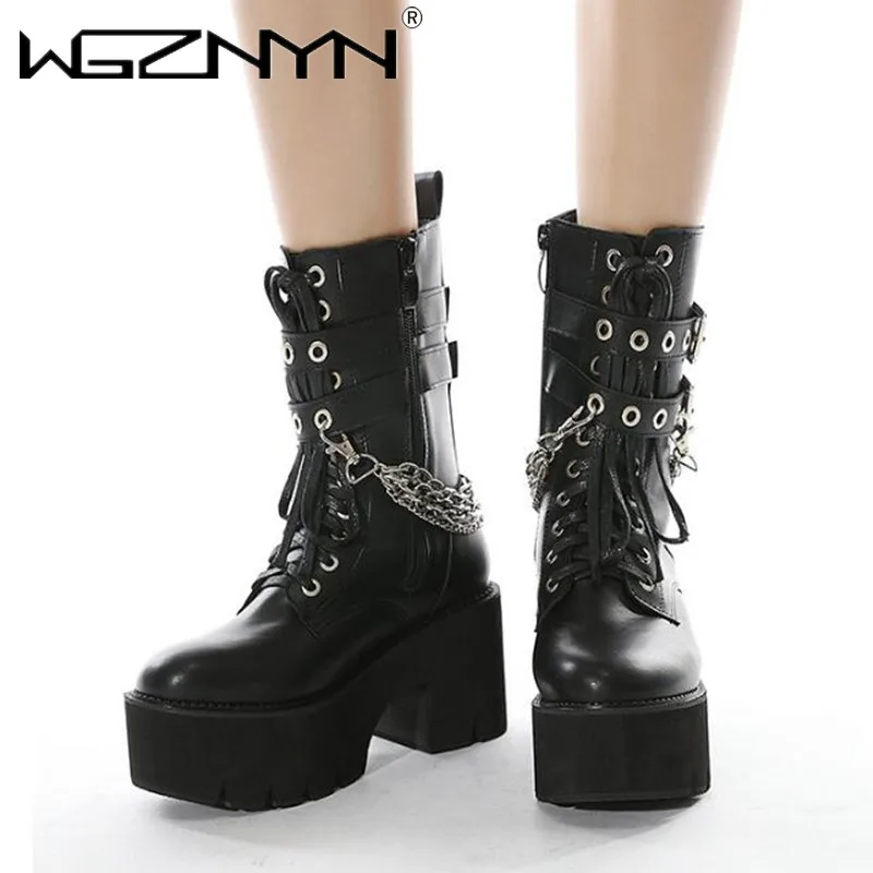 2024 Women Platform Shoes Black Gothic Buckle Leather Woman Creeper Punk Shoes Female Black Ankle Short Combat Boots for Women