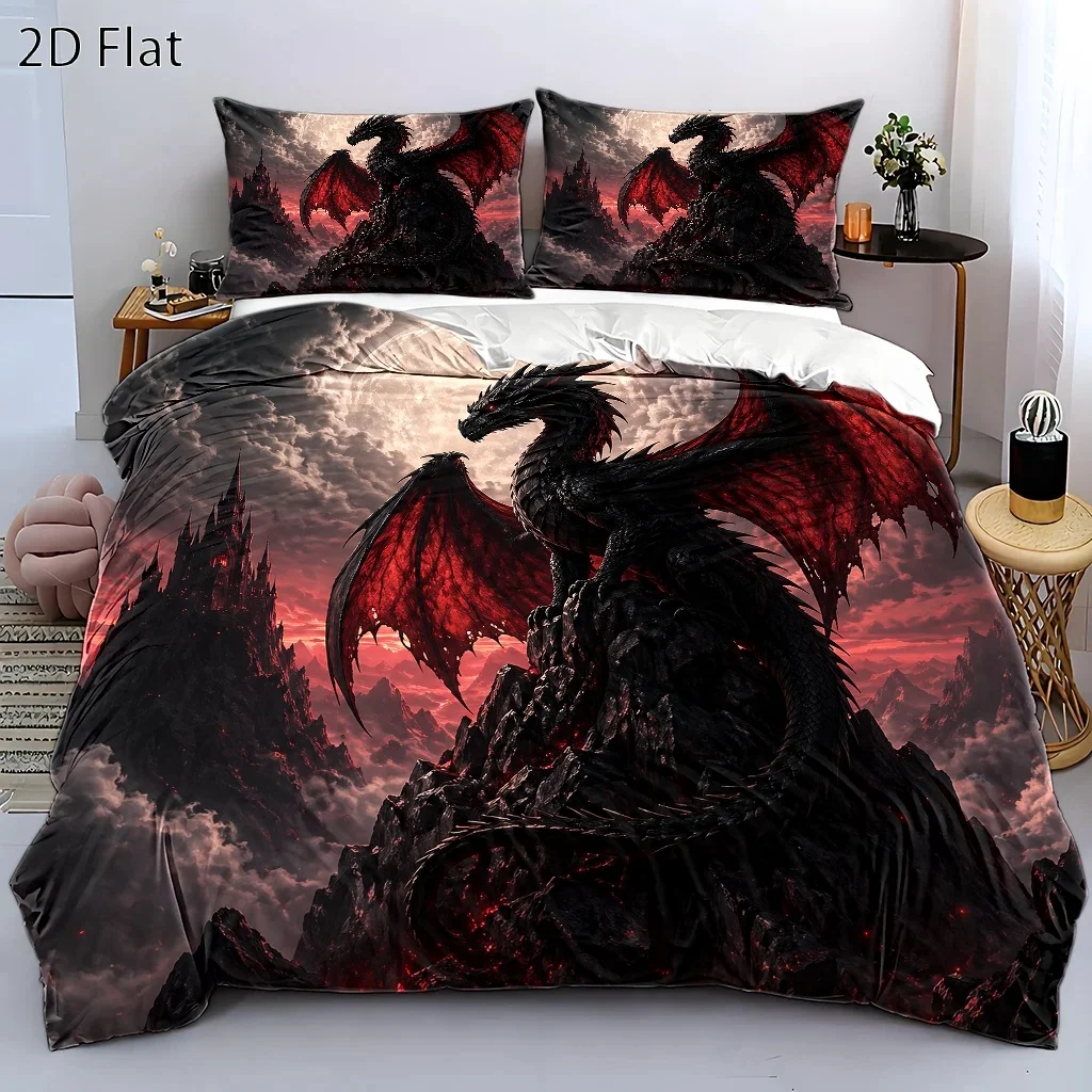 3Pc Dark Dragon and Blood Castle Themed Duvet Cover Set, Three-Piece Bedding Set (1*Duvet Cover + 2*Pillowcases), Suitable for All Seasons, Machine Washable Bedding, Large Duvet Cover Set with Invisible Zipper Design, Double Bed Cover Suitable for Home, Dormitory, Master Bedroom, Guest Room, Magical Style Digital Print Bed Cover Set, Hot-Selling Easy-To-Clean Bedding Set, Dark Style Bedroom Decor Bedding Set, Vintage Dragon Pattern Castle Duvet Cover, Comfortable and Skin-Friendly