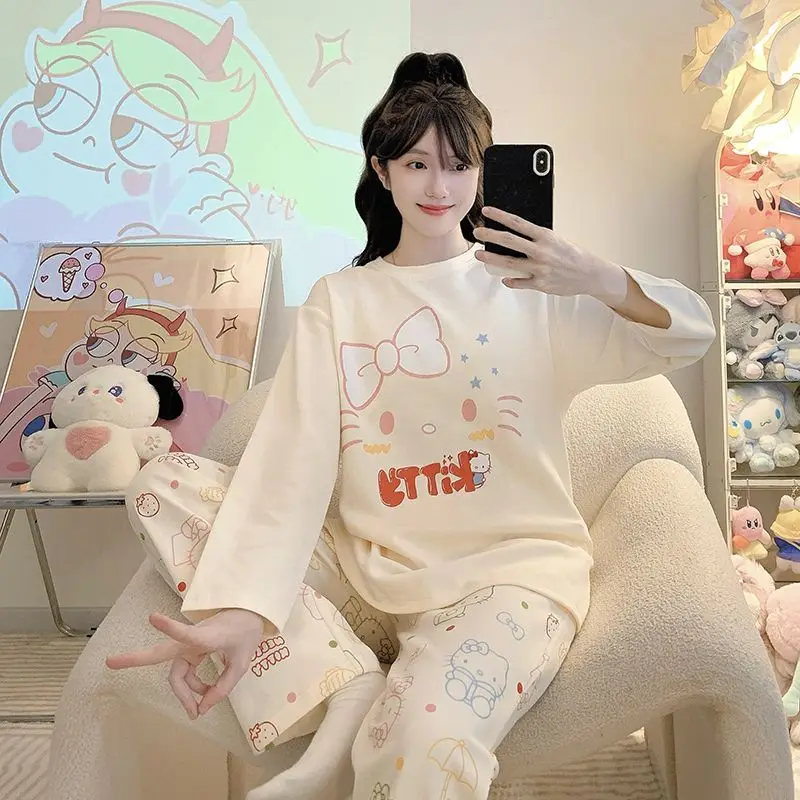 

Новый комплект пижам Hello Kitty для девочек: весенне-осенний, с длинными рукавами, из чистого хлопка, в стиле Ins, с мультяшным принтом, милый, свободный, повседневный, для дома