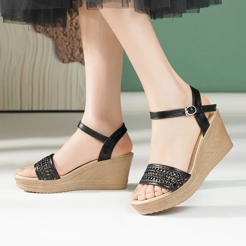

7.5cm Breathable Comfortable Cutout Knit Soft Leather Shoes Platform Sandals 2025 Summer Womens High Heels Wedges Shoes Office
