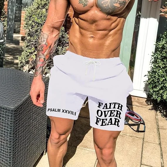 Men's Shorts Faith Over Fear and Psalms Bible Print Elastic Belt Fitness Beach Everyday Wear Sports Style Quick Dry Shorts Moto