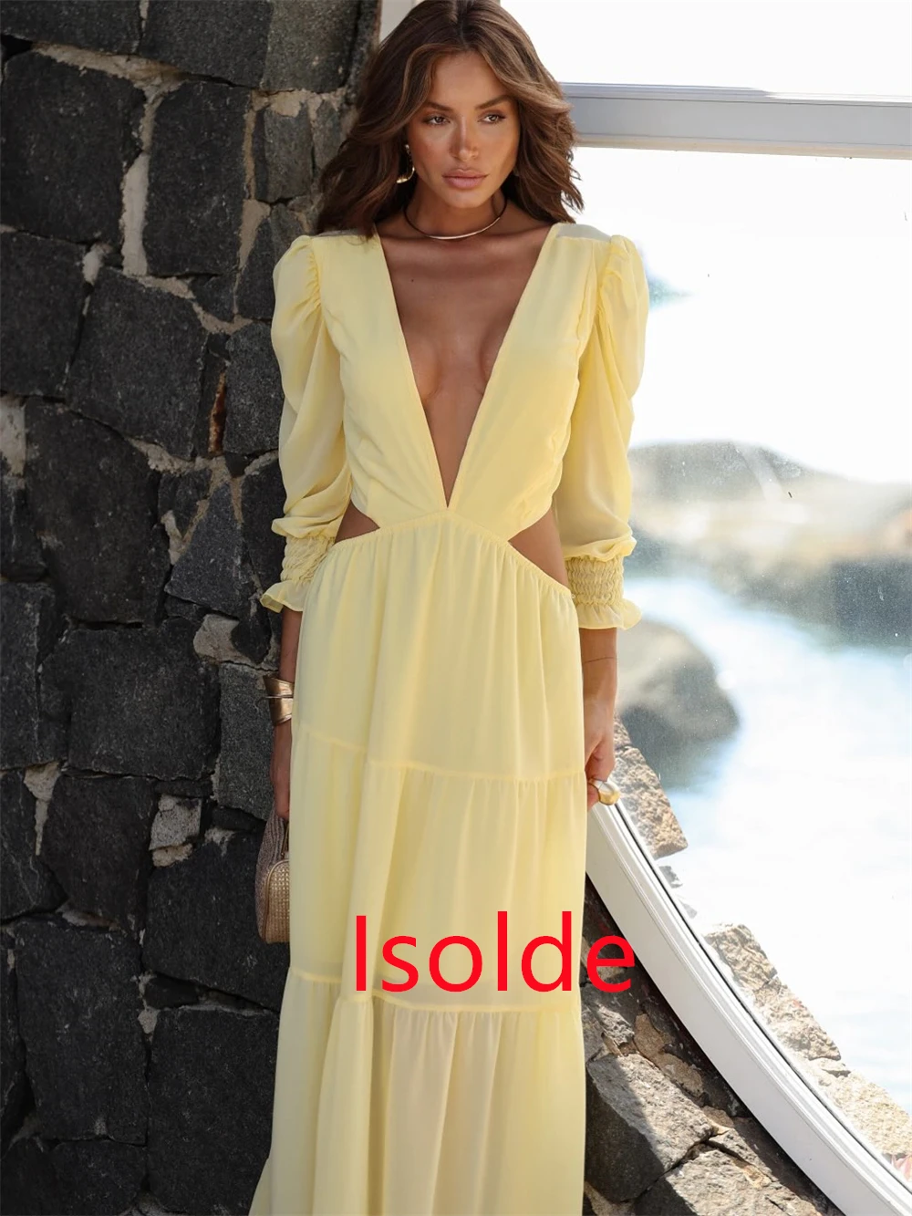 Personalizado macio amarelo chiffon vestido de noite requintado com decote em v mangas compridas vestidos de baile formais vestidos de ocasião especial