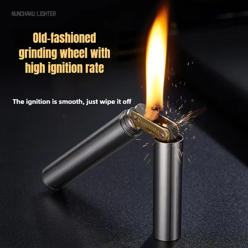 Creative slender brass fuel nunchuck lighter windproof mini retro grinding wheel ignition cigarette lighter men's gadget