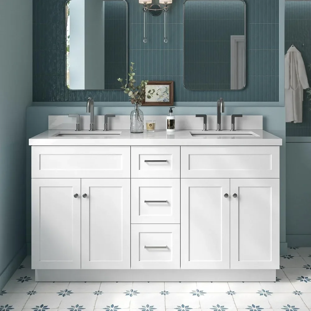 

61" Double Vanity with 1.5" Edge Pure White Quartz Countertop & Splash, Rectangular Sink, 2 Soft Closing Doors,Bathroom Cabinets