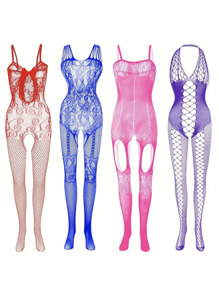 4 sets Sexy Fishnet Bodystocking with Open Crotch and Jacquard Design  Women\'s Lingerie and Underwear Erotic Costumes Catsuit SM