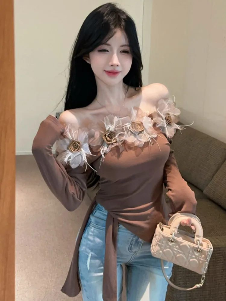 

Shoulder Bared Long Sleeve Asymmetrical Neckline T Shirt Women's Autumn Winter Pure Desire One Shoulder Tie Top Base Shirt In...