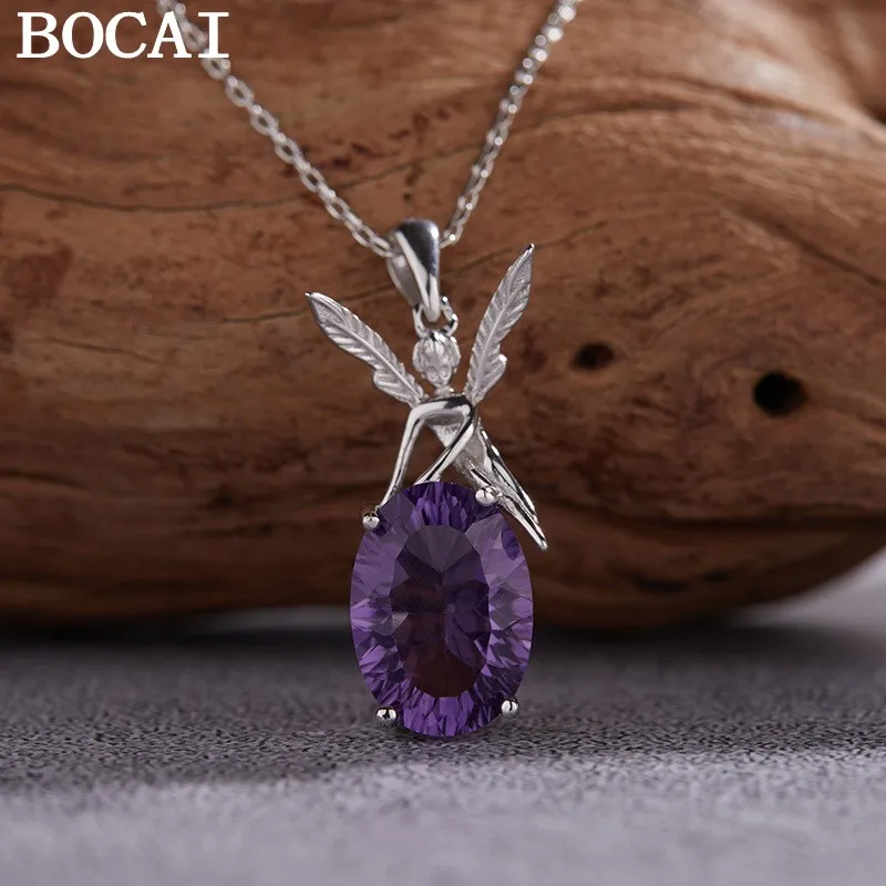 

BOCAI NEW S925 Sterling Silver Fashionable Personality Inlaid With Natural Gemstones Amethyst Angel Pendant