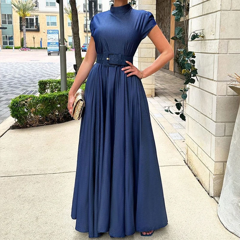 

2023 Vintage Elegant Turtleneck Short Sleeve Dress For Women Solid Pleated Maxi es Lady Draped Formal Party