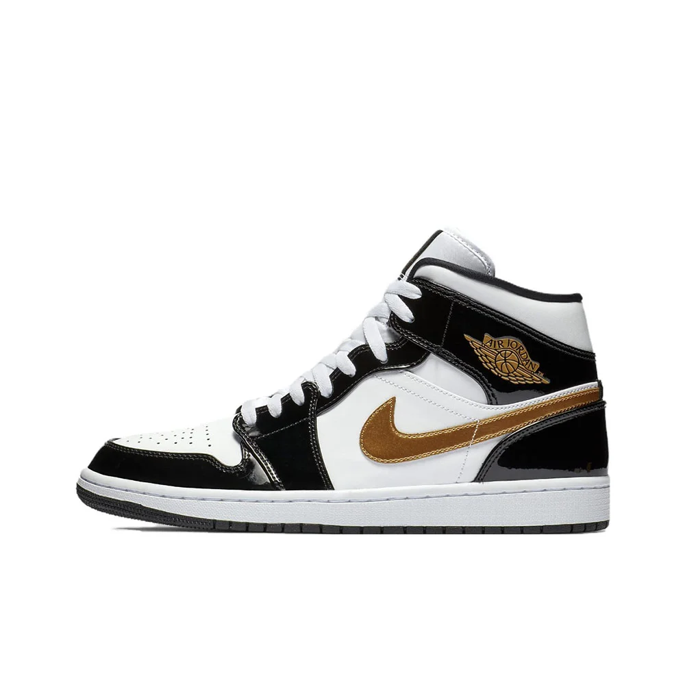 Nike-zapatos de tabla originales Air Jordan 1 Mid para hombre, calzado informal cómodo de apoyo, amortiguación de invierno, ligero, negro y dorado