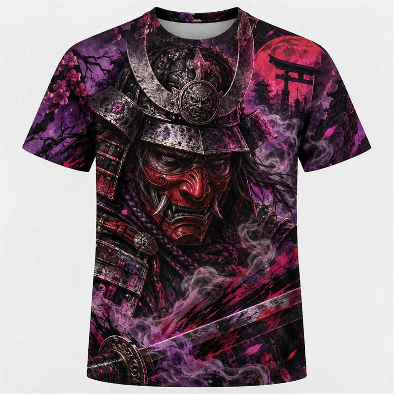 Japanese Ronin Samurai T Shirt Men Sunset Ink Warrior Graphic Short Sleeve Retro Asian Art Streetwear Casual Urban Fashion Tops