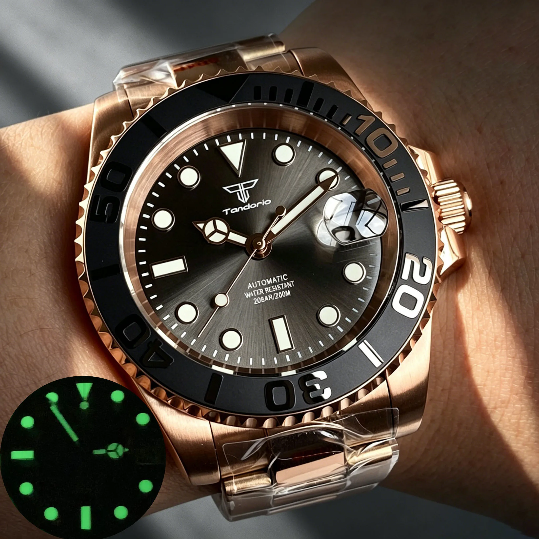 

Diver 40mm Tandorio Retro Rose Gold Mechanical Watch Sapphire Gray Dial Luminous Men's Automatic Date Asia2824 Miyo8215 Movement