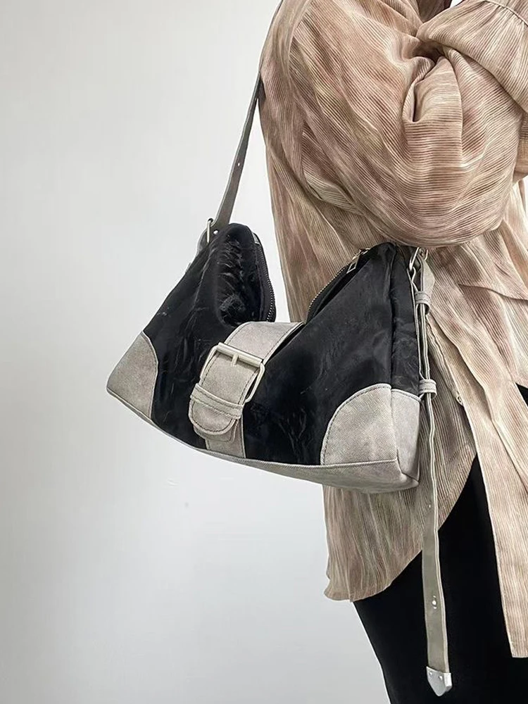 

American Retro Underarm Bag for Women Large Capacity PU Splicing One Shoulder Crossbody Bags Female Temperament Commute Handbag