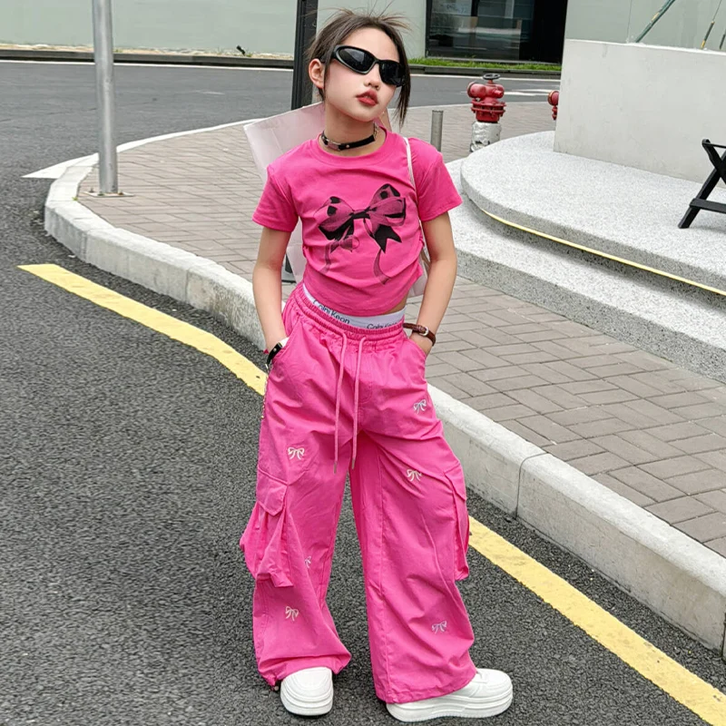 Fashionable Girl Outfits Summer Costume Cotton T-shirt + work Pants Bow Sets for 4 5 6 7 8 9 10 11 12 13 Year old Children\' Suit