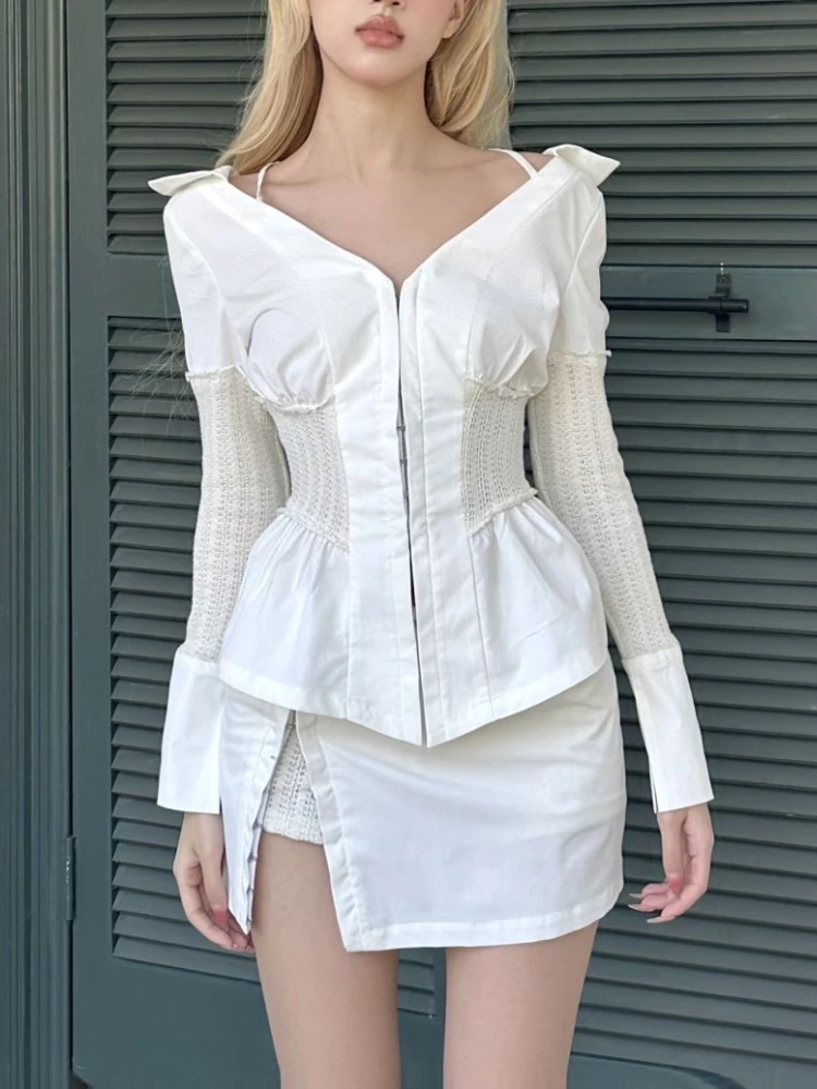 

Autumn French White Sexy Two Piece Set Women Patchowork Designer Short Party Mini Skirt Suit Female Korean Style Casule Set 2023