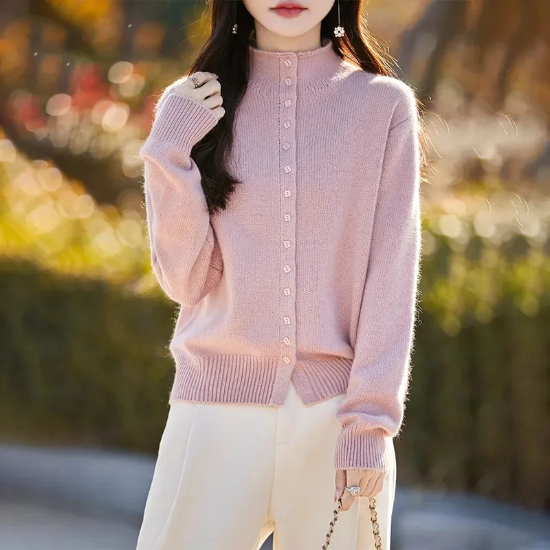 

Korean Female Single Breasted Knitted Tops Autumn Winter Lady Fashion Sweater Coat 2025 Women Leisure Solid Color Cardigan Knit