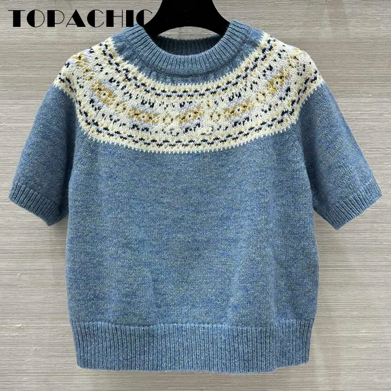 9.28 TOPACHIC-Women Letter Contrast Color Print Short Sleeve Knitwear Sweet Temperament Single Breasted Wool Knit Cardigan