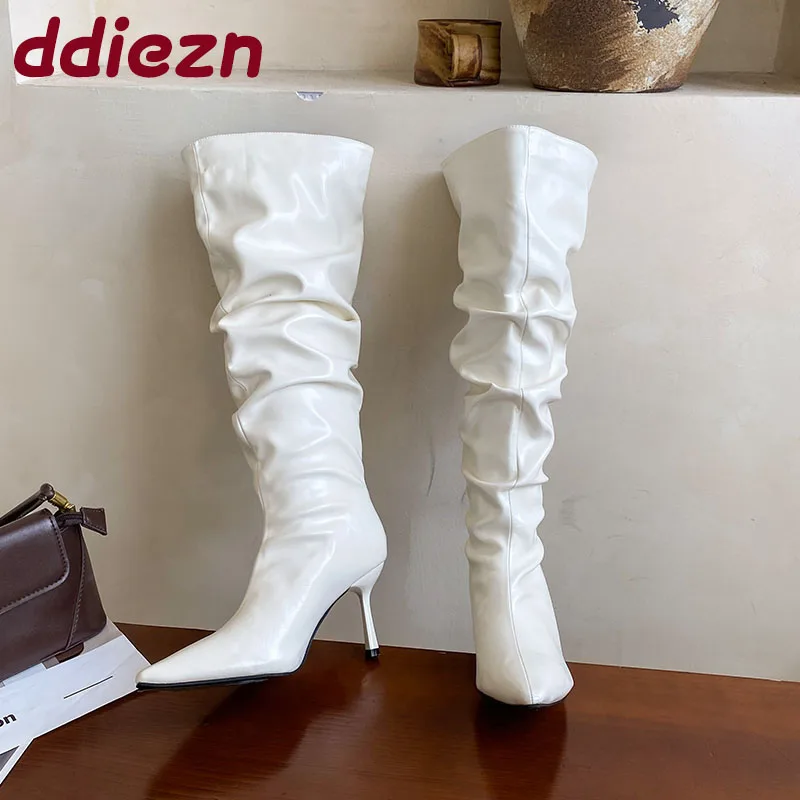 

Модные плиссированные вечерние современные женские сапоги до колена, туфли на каблуке, женские длинные сапоги с острым носком, женские туфли без шнуровки, туфли-лодочки 2025