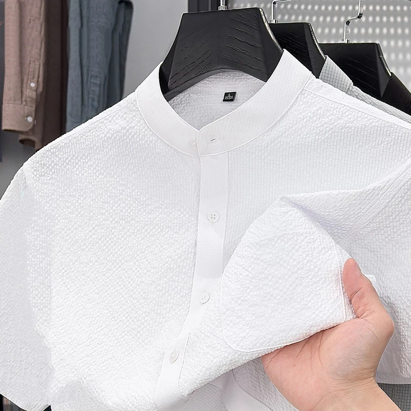 

Men Stand Collar Cool Feeling Quick Dry Short Sleeve Shirt Breathable Wrinkle Free Business Casual Top S-4XL