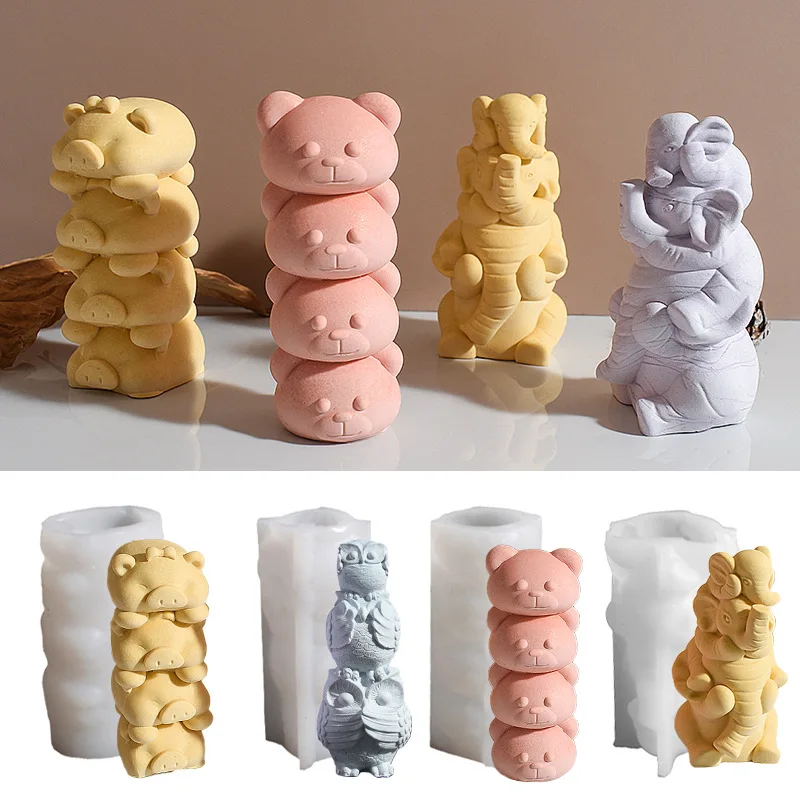 

4pcs Stackable Animal Candle Mold - Owl Pig Bear Designs for DIY Scented Candles, Epoxy Resin & Plaster Elephant Decor
