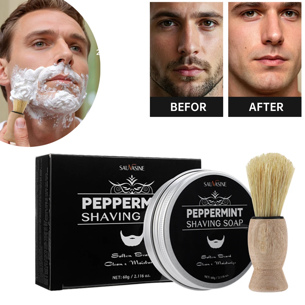 60g Men's Shaving Soap No Irritation Gentle Mint Scent Nourish Soften Beard Shaving Foam Cream Barber Mousse With Massage Brush