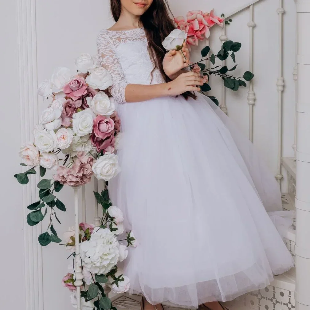 Abito da ragazza di fiore in pizzo bianco Abito da sposa per prima comunione con lacci senza schienale per principessa, festa di compleanno
