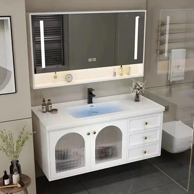 Modern Bathroom Vanity Cabinet With Ceramic Sink White French Storage Unit With Soft-Close Drawers Water-Resistant Wood Base