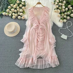 Long-sleeved Dresses Jacket Blouse Long Skirts Flare Sun Protection Cardigan Beach Ruffle Sexy See-through Chic Solid Pink Loose