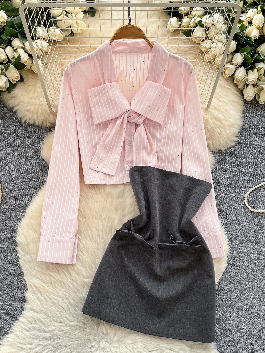 

Ele Stripe Long Sve irt Женская облегающая юбка с галстуком-бабочкой и высокой талией, комплект из двух предметов, осенняя одежда для поездок на работу