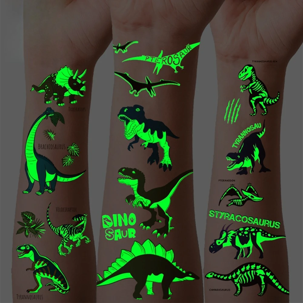 

Светящиеся в темноте татуировки динозавров, новый дизайн, временные татуировки с героями мультфильмов, наклейки для детей, сувениры для вечеринок, безопасный водонепроницаемый декор для кожи