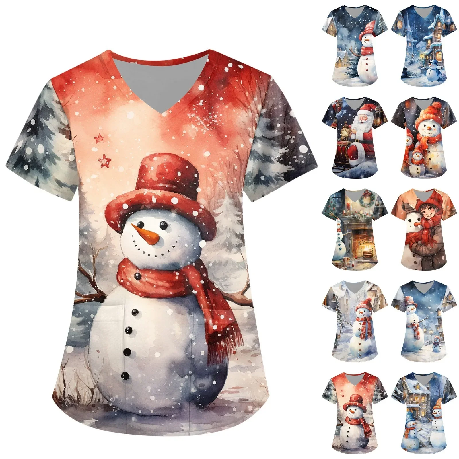

Christmas Nurse Uniform Scrubs Womens Cartoon snowman Elk Print Short Sleeve Pocket Overalls Uniforms Medical Nursing Clothes