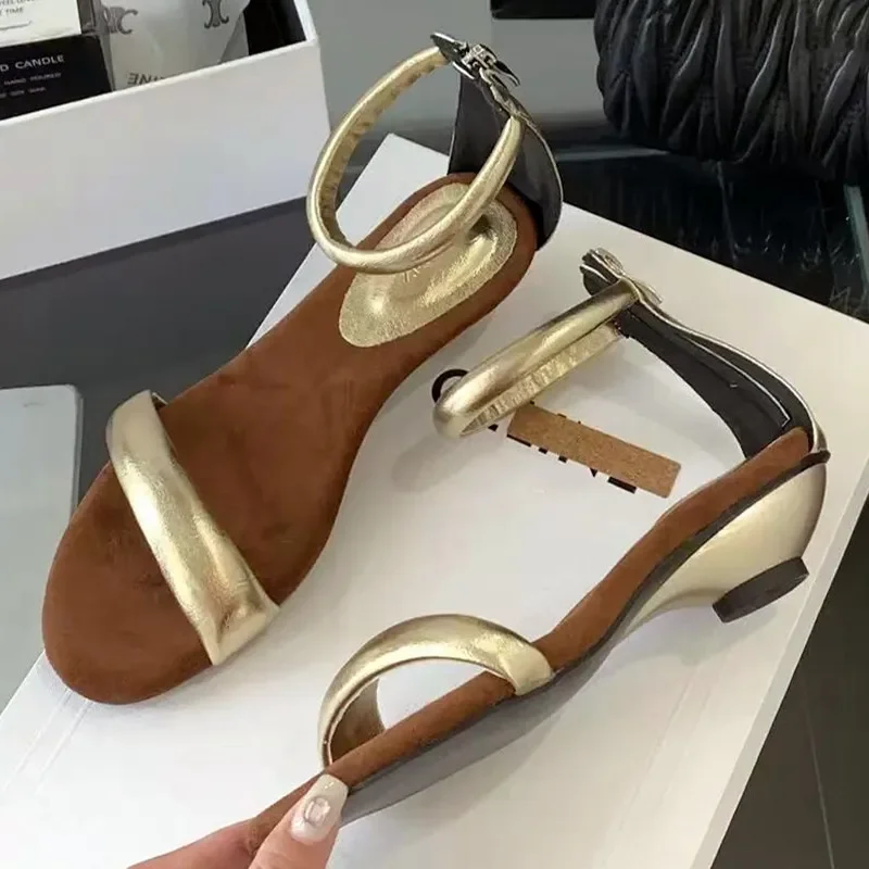 

Fashion Summer New Sandals Ladies Gold Concise Open Toe Low Heel Dress Shoes Female Designer Brand Women Shoe Sandalias De Mujer