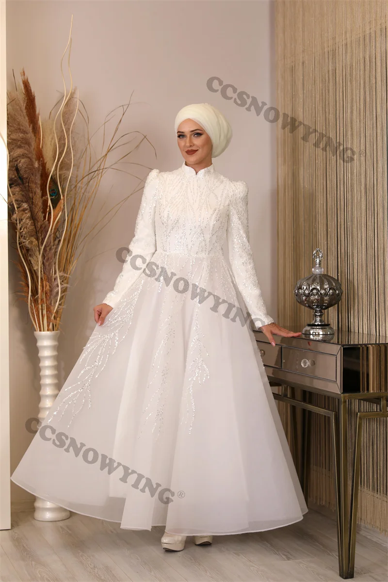 Organza Beaded Muslim Hijab Wedding Dress for Bride Long Sleeve Islamic Bridal Gowns High Neck Women Arabic Robe De Mariée