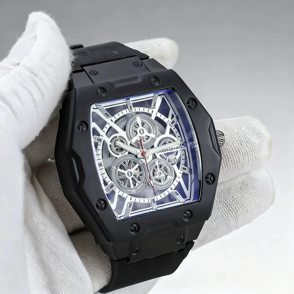 New Fashion Luxury Man Tonneau Hollow Silicone Watch Men Business Quartz Watches Students Sports Wrist Watches Gift Reloj Hombre