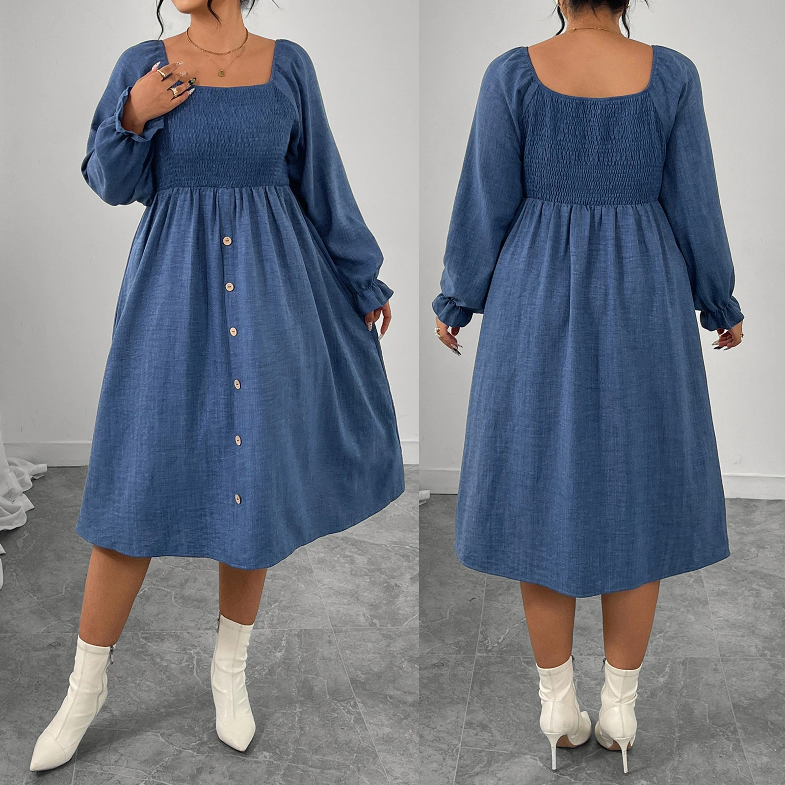2026 أزياء المرأة الخريف حجم كبير فستان طويل الأكمام ساحة الرقبة زر حتى ألف خط فساتين متوسطة الطول للفتيات متعرج #6