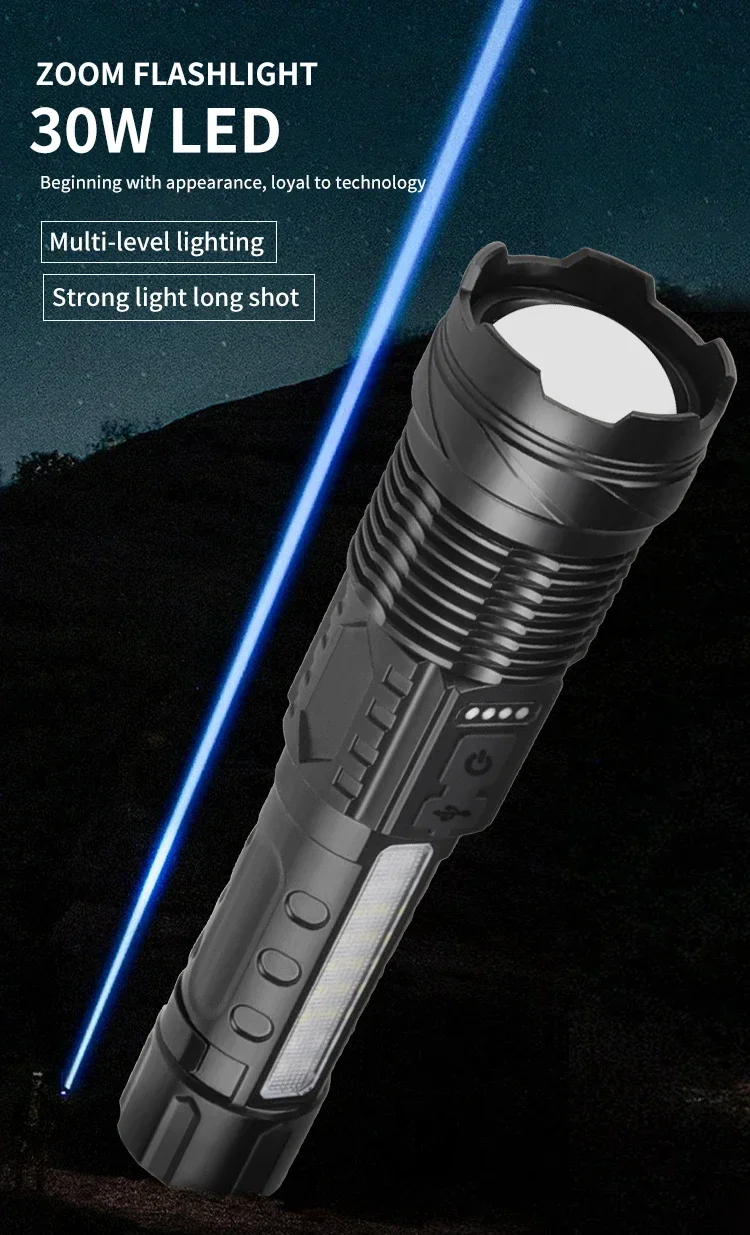 Super Bright LED Flashlight, Rechargeable Torch with High Brightness Sidelight, Using 30W White Laser Cartridge